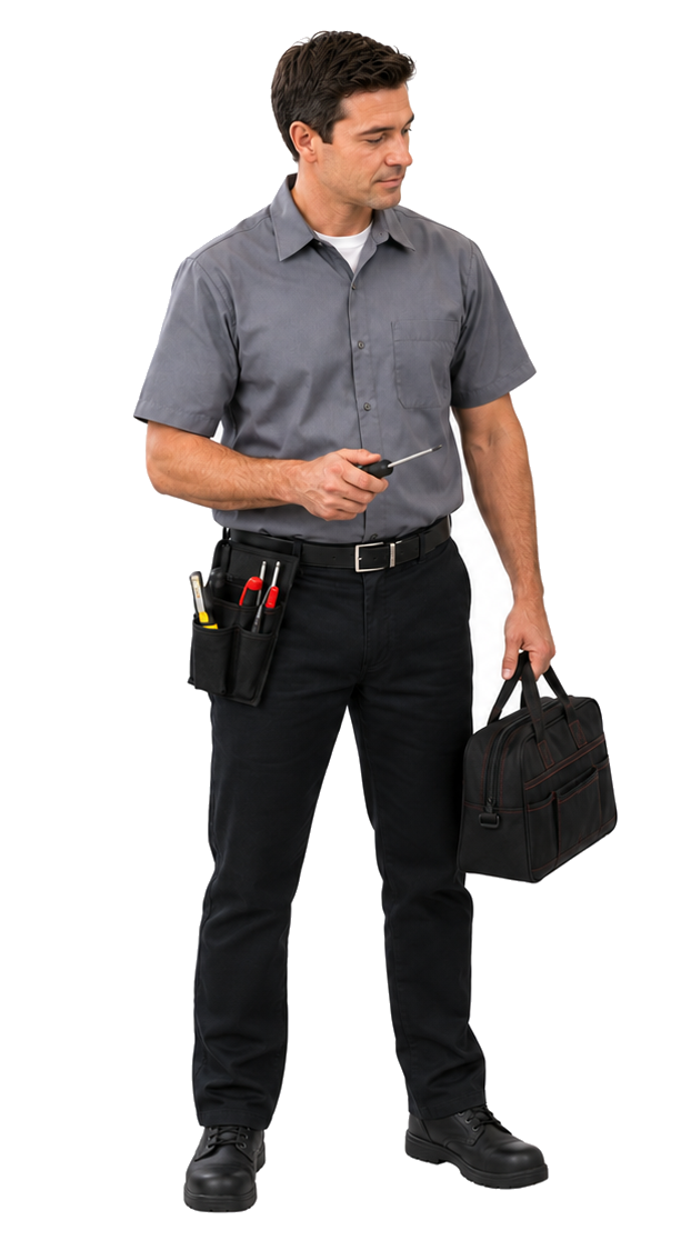 Happy technician working with a laptop